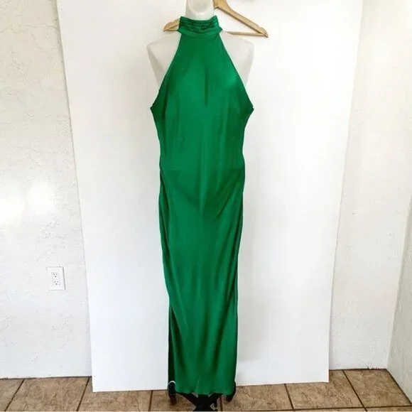 MESHKI Satin Drape Back Maxi Dress with Split - Green XLarge NEW - Picture 3 of 9